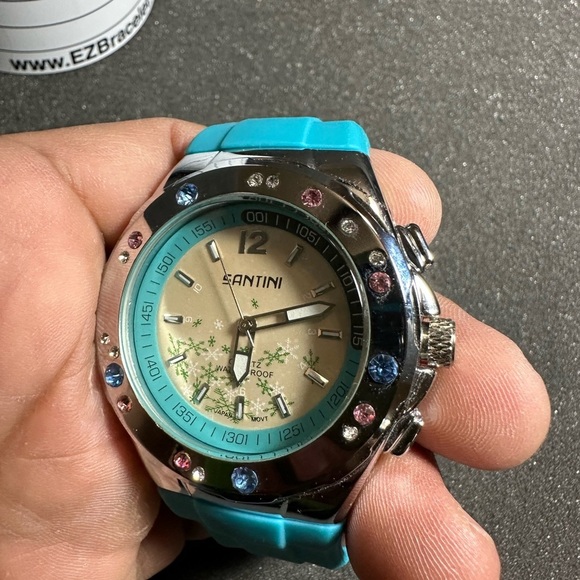 Santini Ladies Quartz Watch Analog Silver Tone Rhinestone Accent Blue Band Worki - Picture 2 of 8